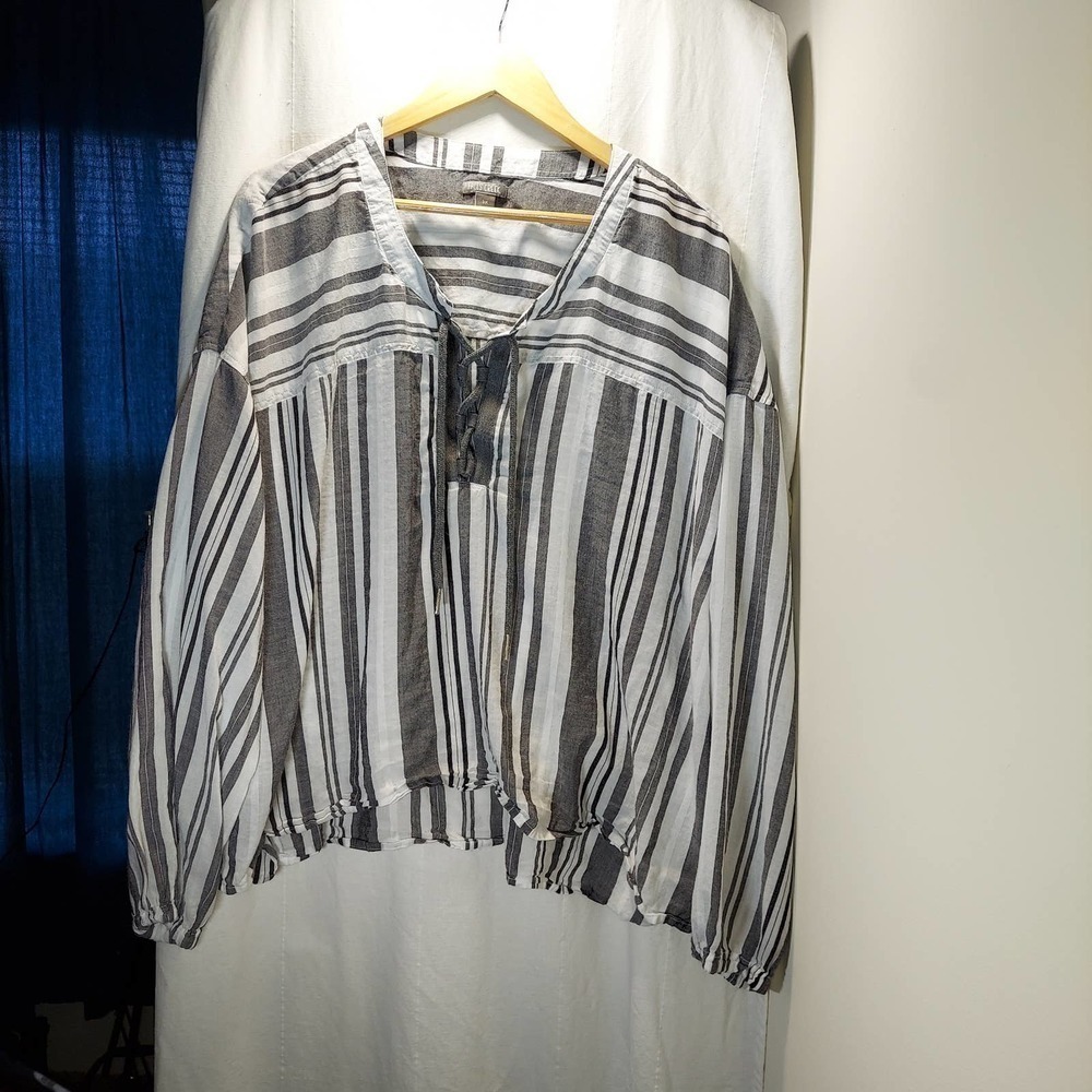 𝅺Falls Creek Women's Blouse, Gray and White Stripes, 3X, Long Sleeves